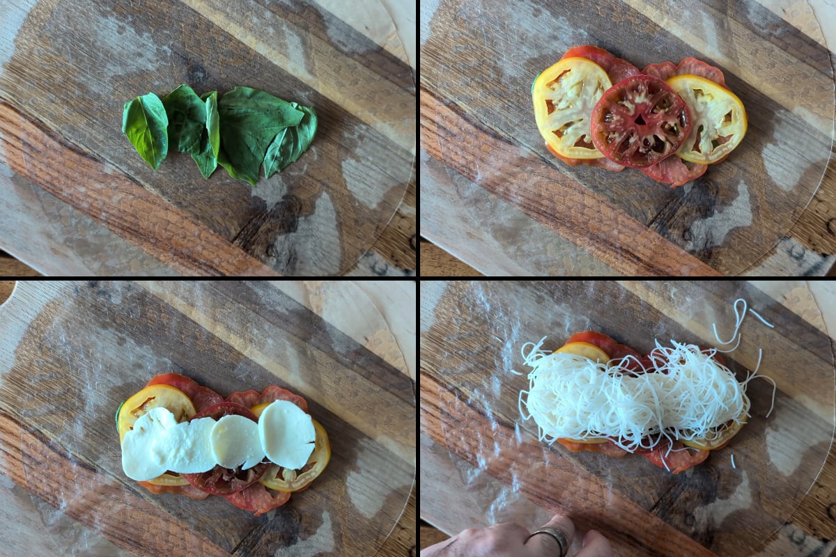 add the tomato, mozzarella, and basil