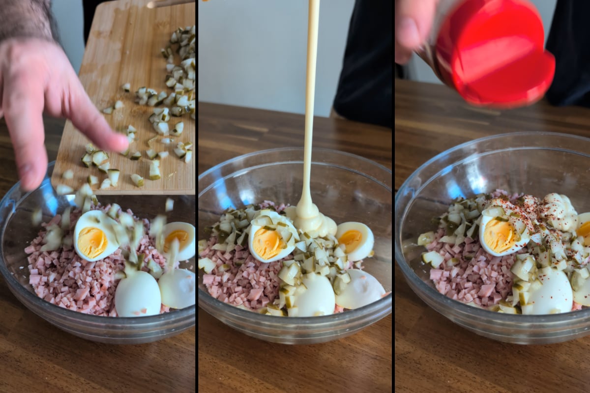 adding eggs and pickles