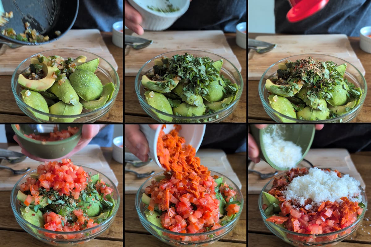 adding all the pizza ingredients to the guacamole