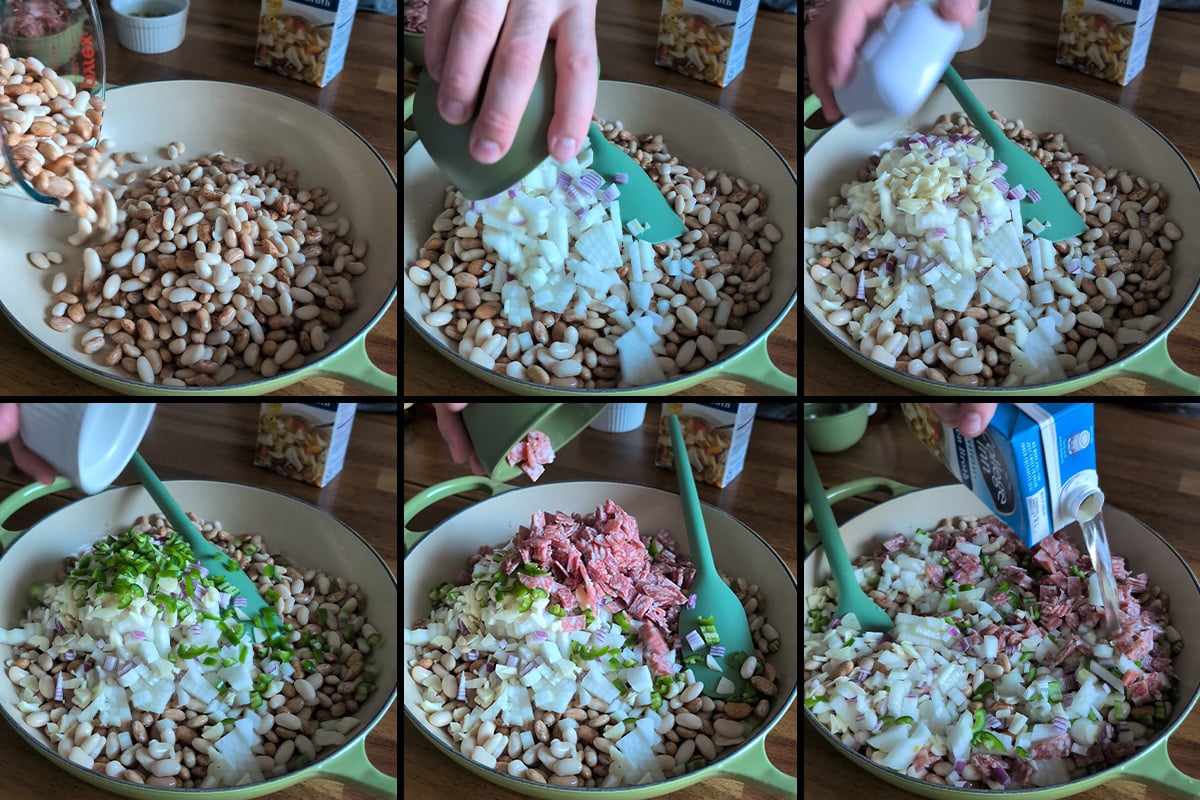 start with the beans and onions, then chicken stock