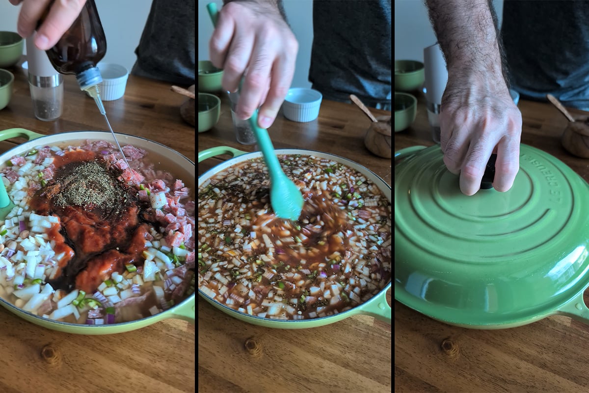 stir all the ingredients in the Hot Honey Salami Baked Beans