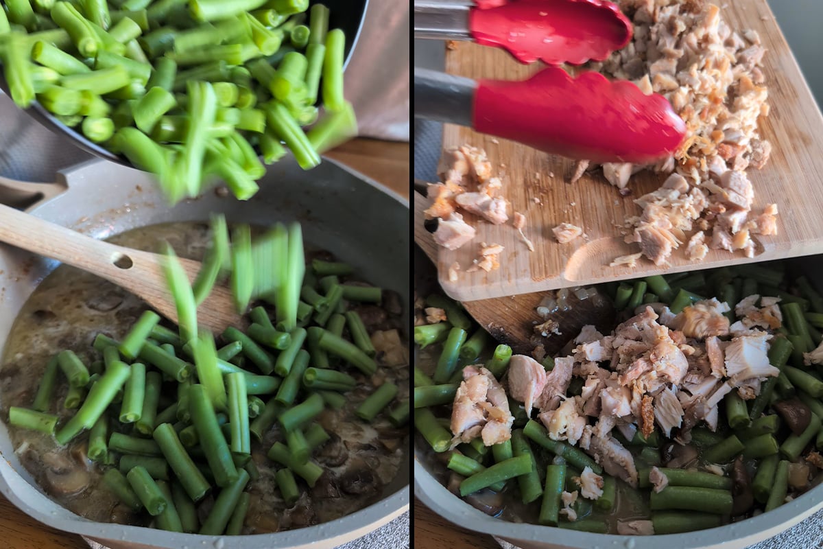 add the green beans and chicken back to the pan