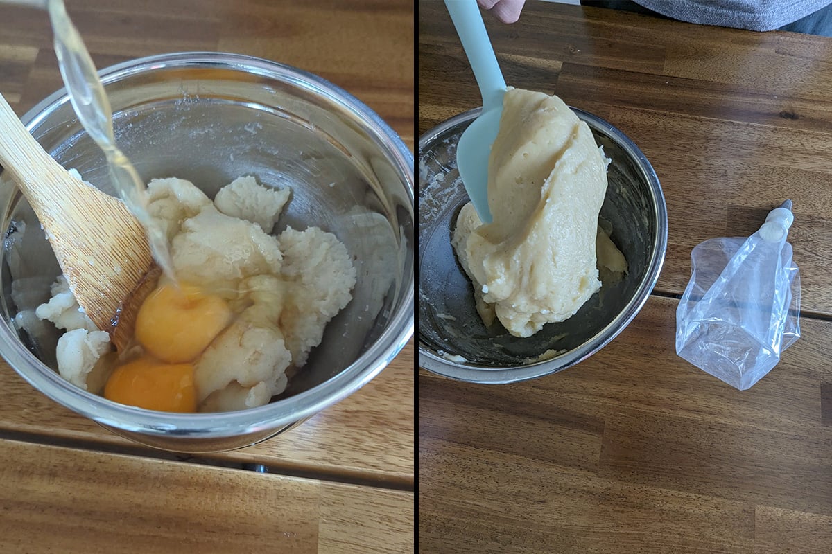 Add the eggs once it is cooled and then get it into a piping bag