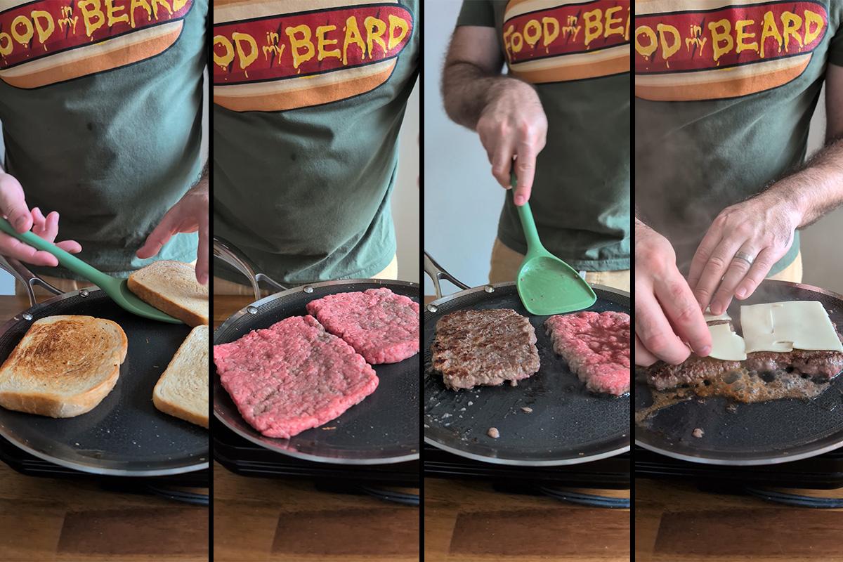 cooking the burgers and bread