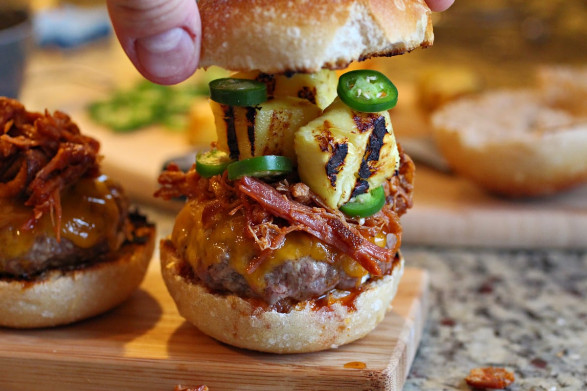 Pulled Pork Cheeseburger Sliders with Pineapple and Jalapeno