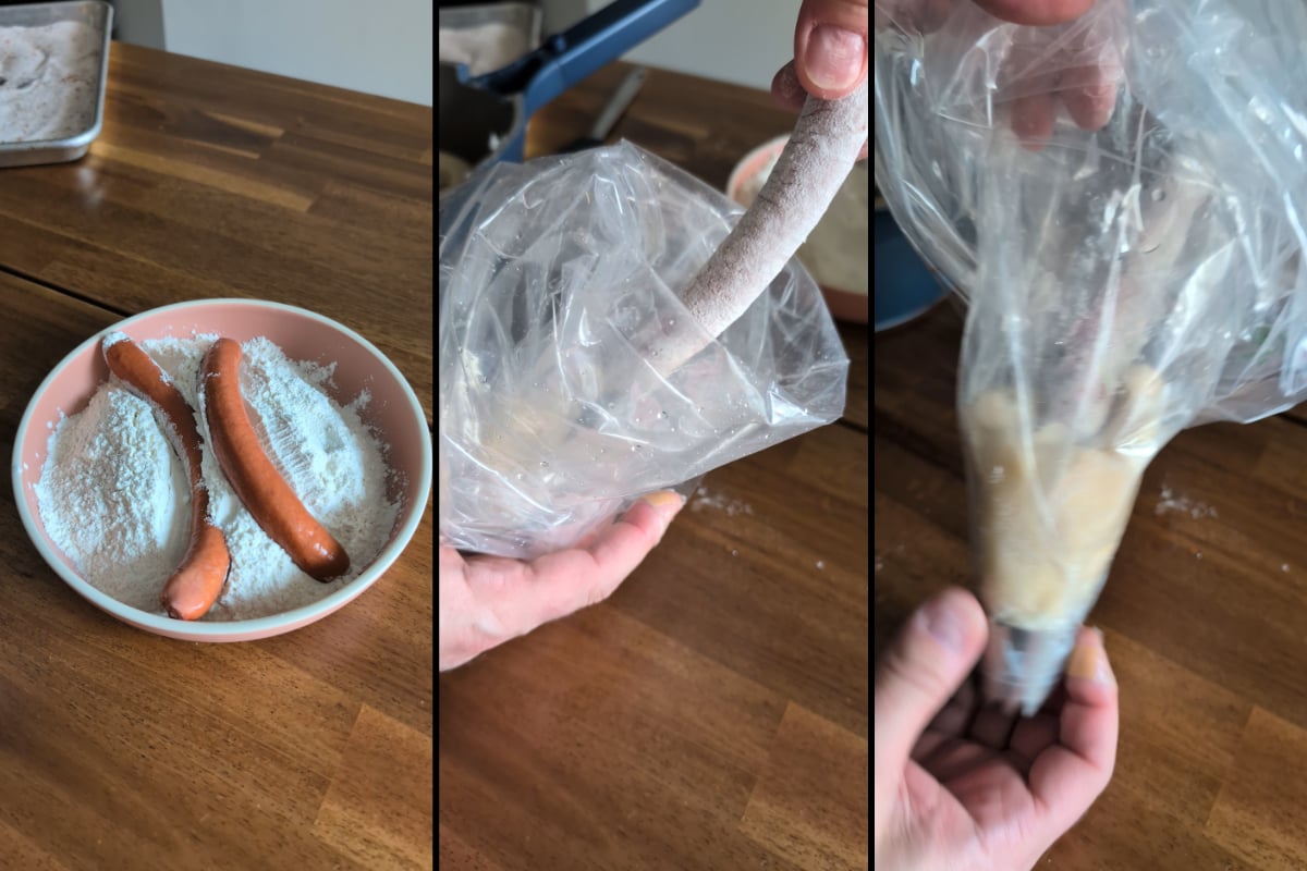 stuffing the hot dog into the churro dough in the pastry bag