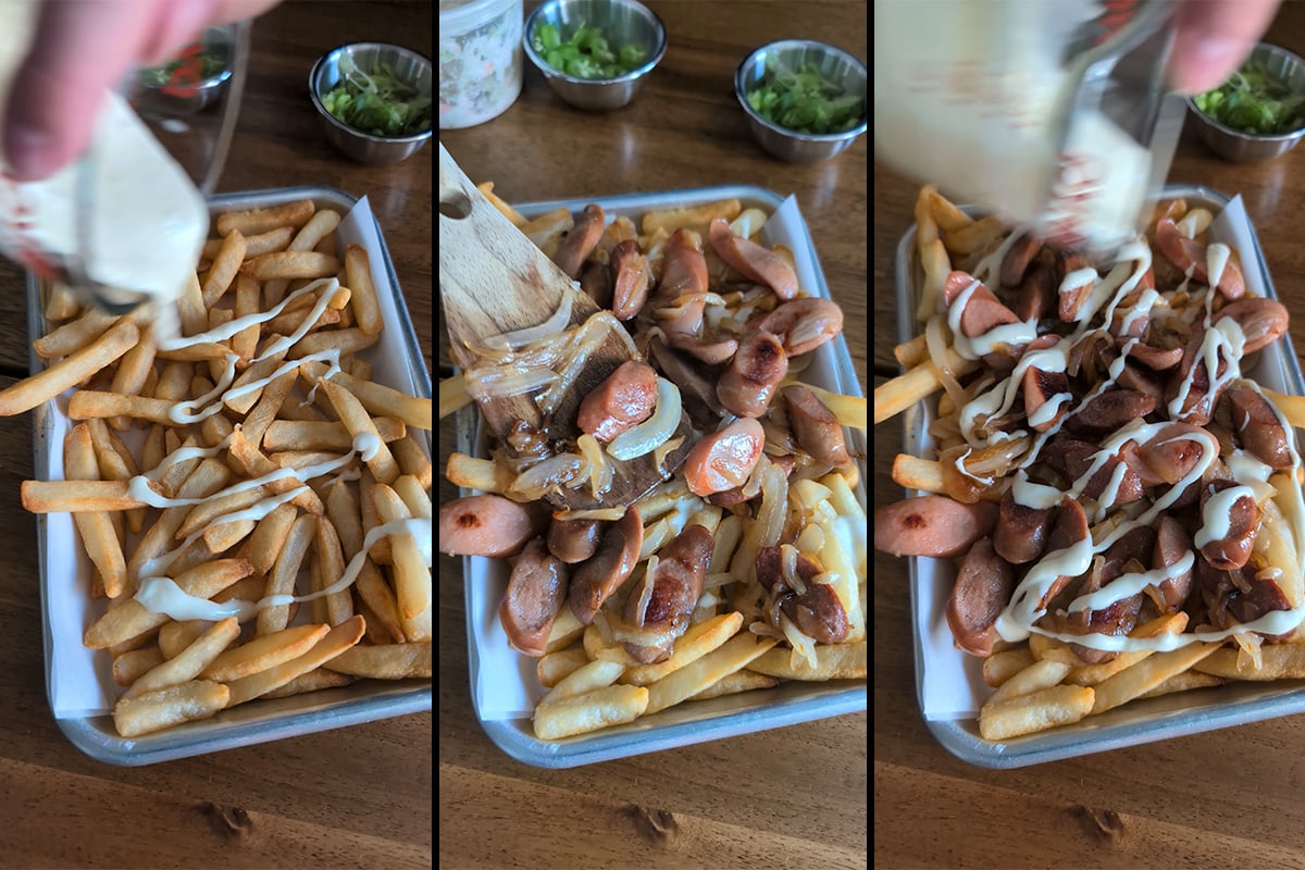 fries, cheese, hot dogs, and onions