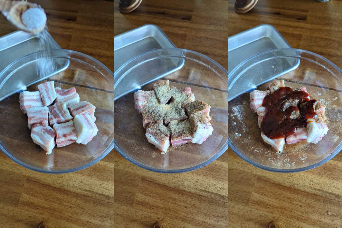 toss the pork belly with the spices