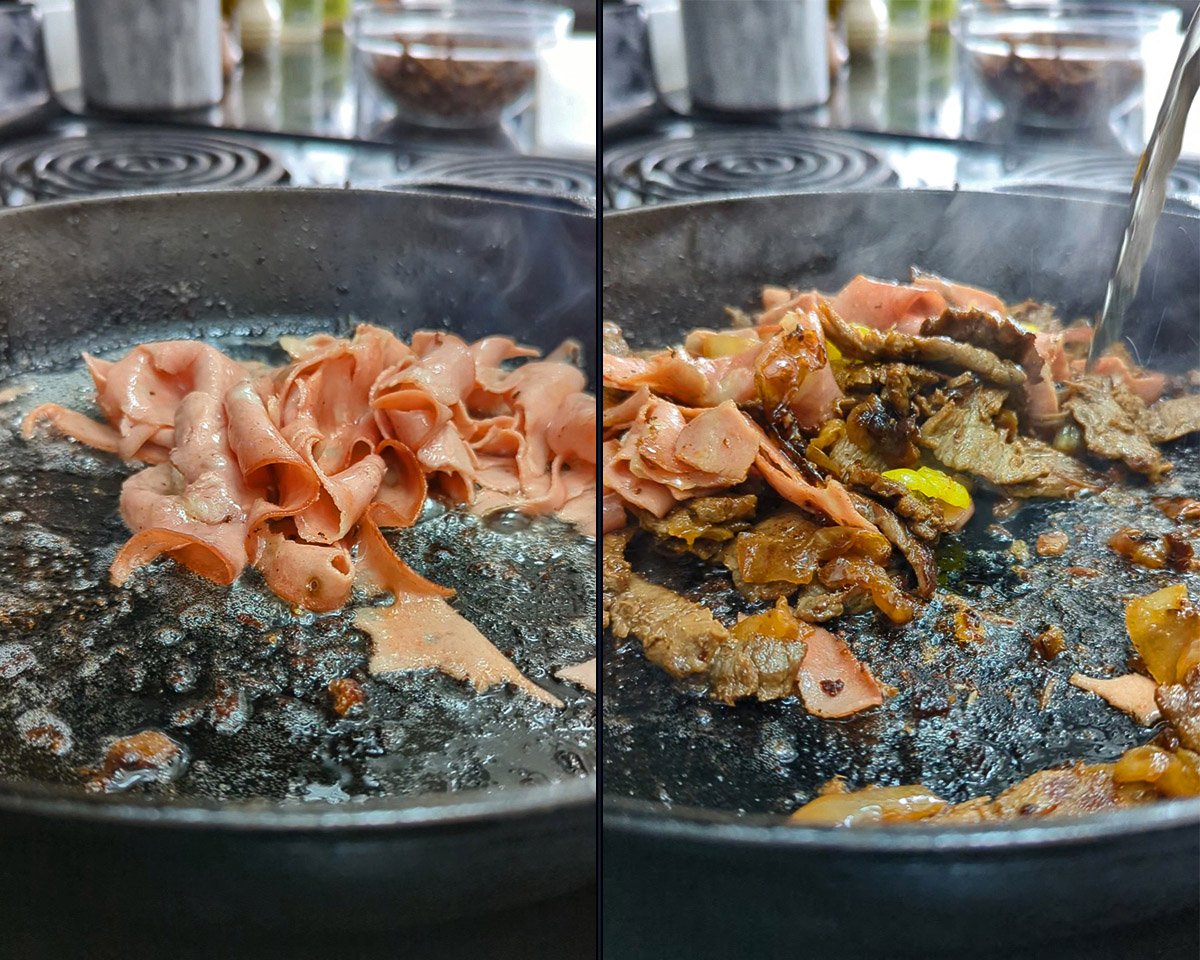 mortadella and steak in the pan with onions and banana peppers