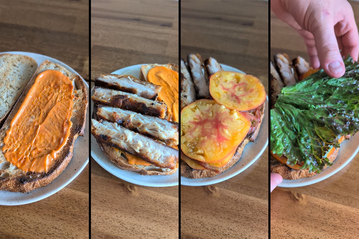 build the pork belly lettuce and tomato sandwich