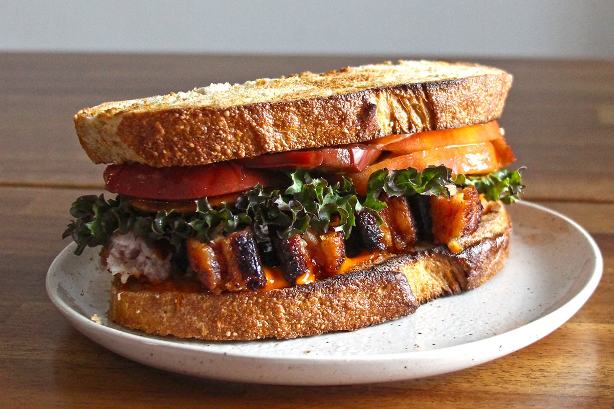 pork belly lettuce and tomato sandwich