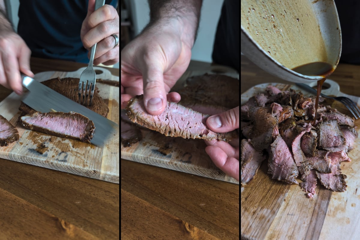 slice and season the steak for the cabbage peach sandwich