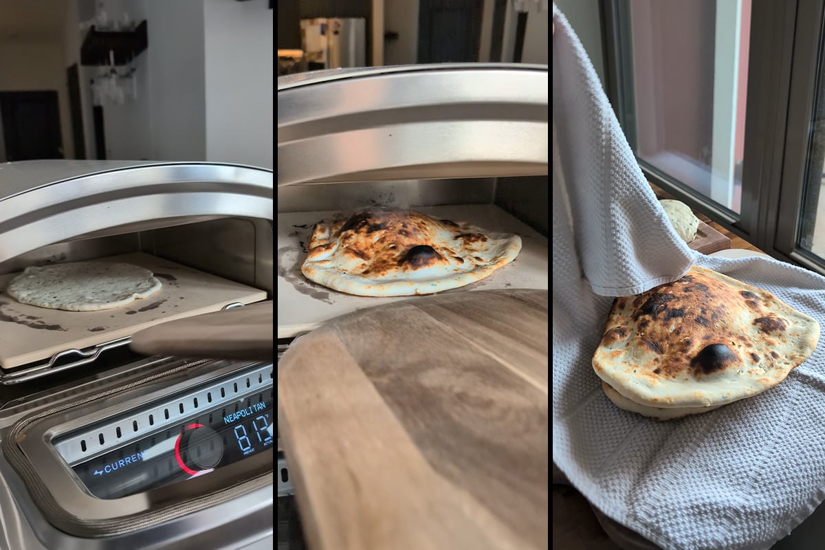 cooking the naan in a pizza oven