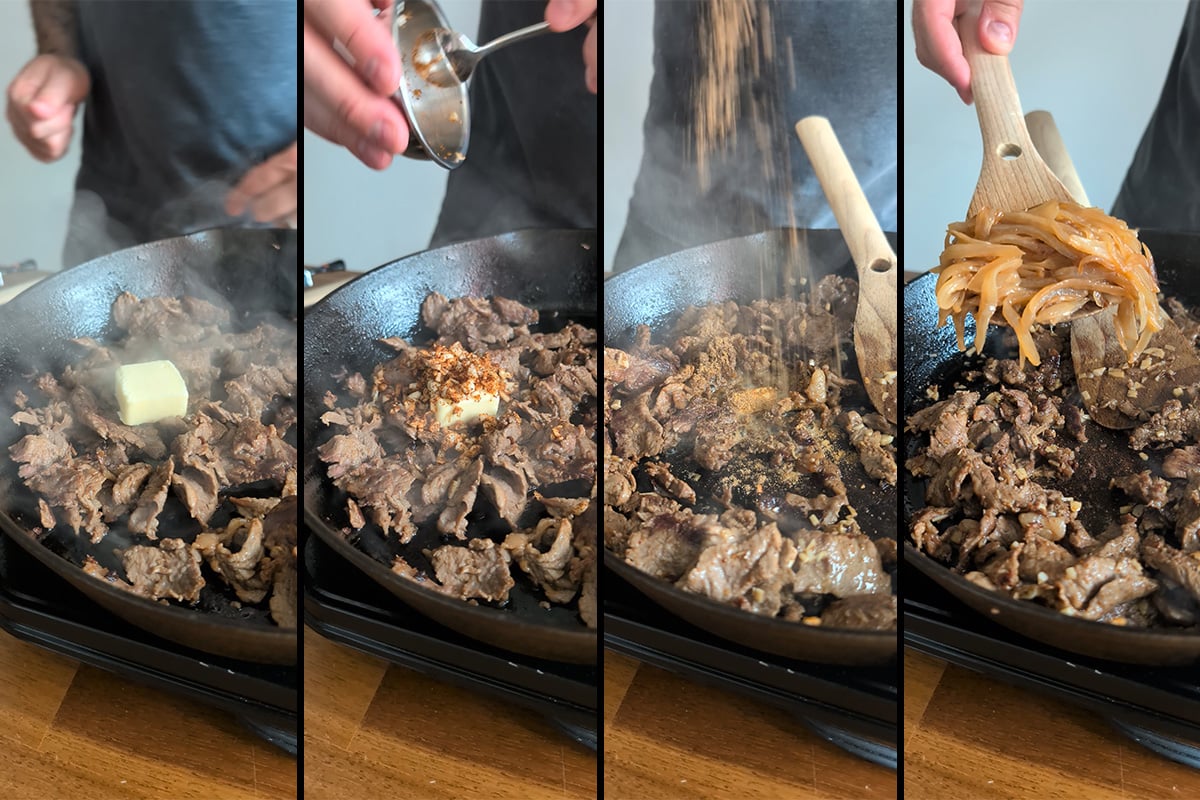 butter, spices, and onions in the vindaloo cheesesteak mixture
