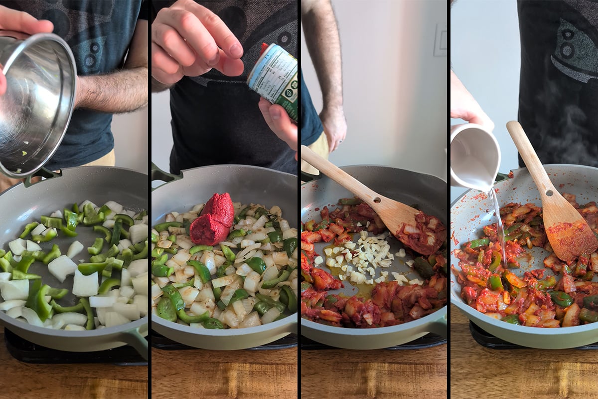 start the soju sauce with peppers and onions