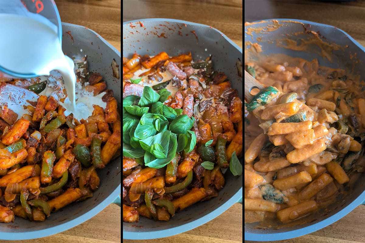 finish the sauce with cream and basil