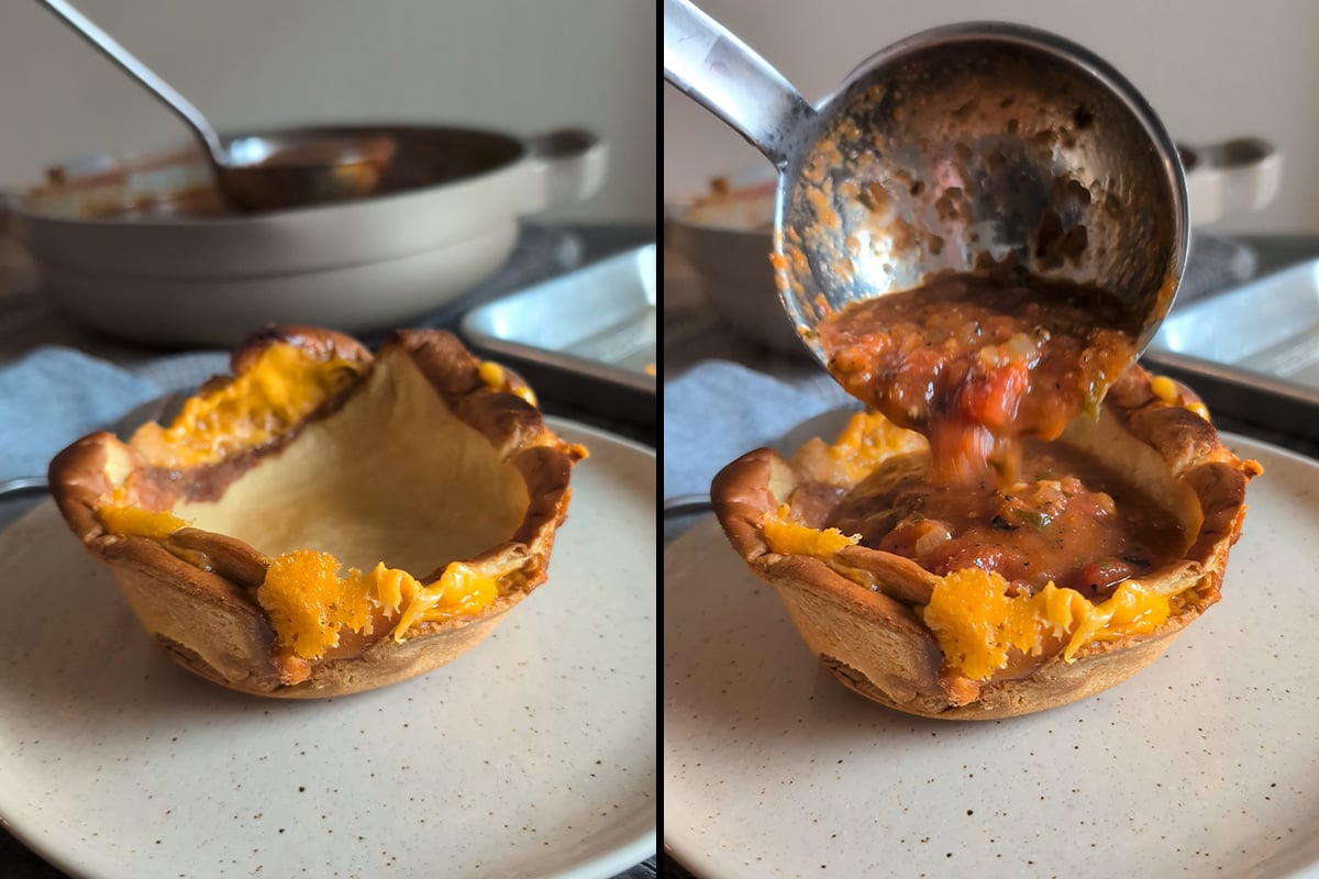 tomato soup in a grilled cheese bowl