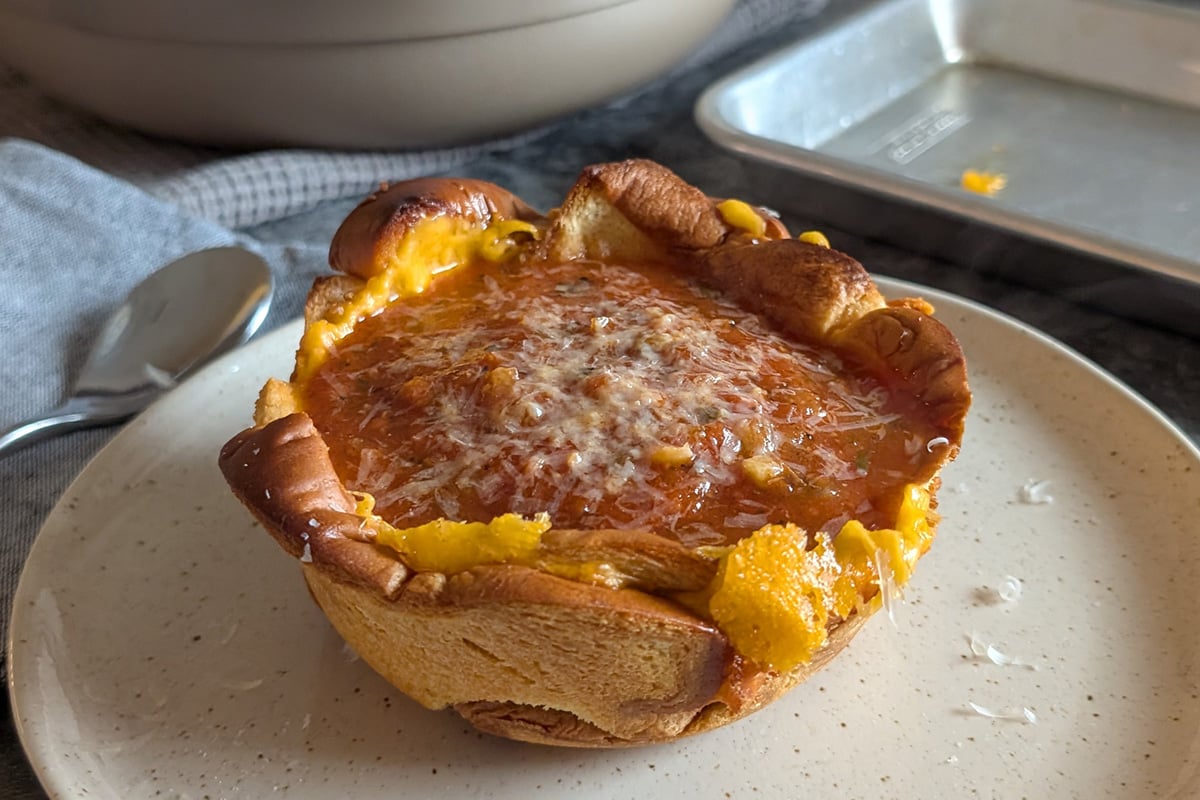 tomato soup in a grilled cheese bowl