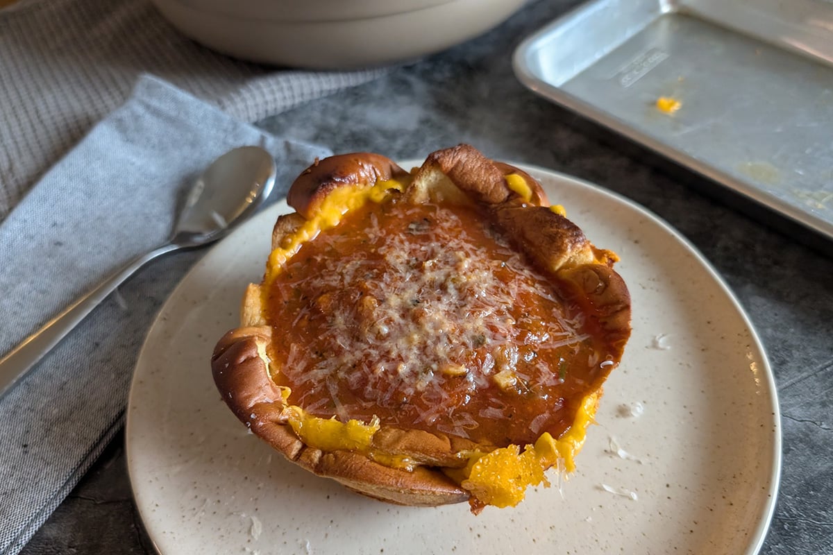 tomato soup in a grilled cheese bowl