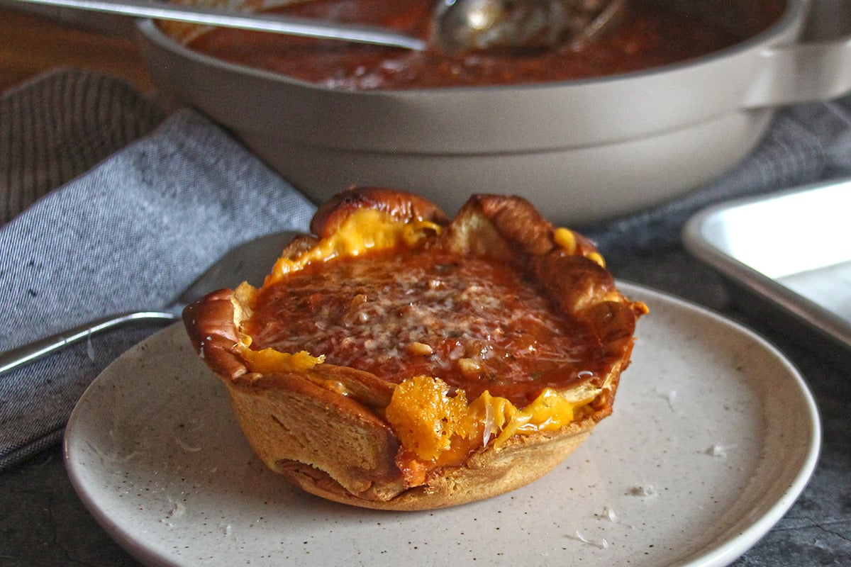 tomato soup in a grilled cheese bowl