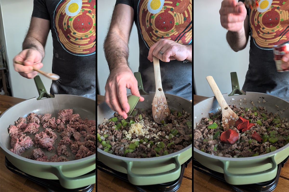 Ground beef, peppers, and onions