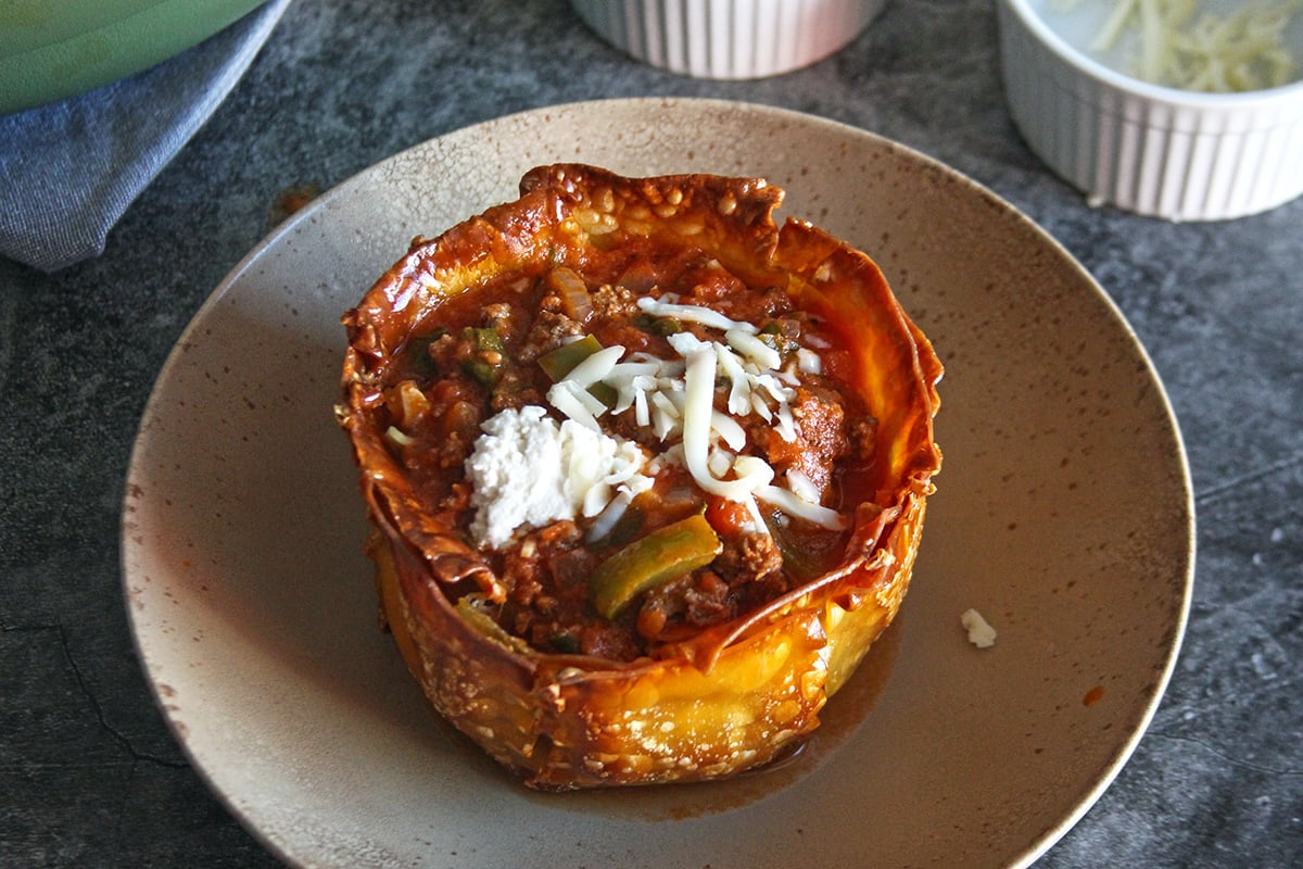 lasagna soup in a lasagna bowl