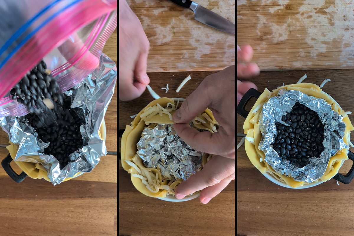 weights, foil, and lots of cheese