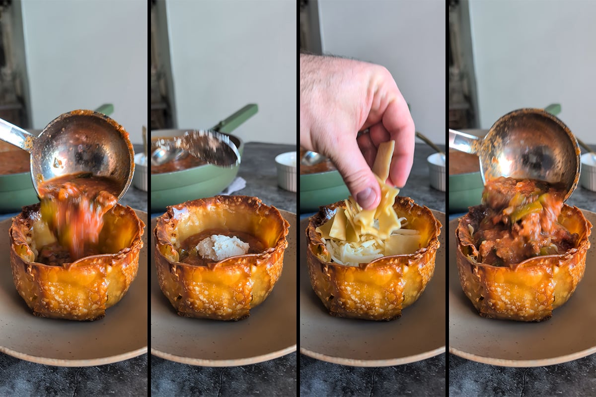 add the lasagna soup to the lasagna bowls
