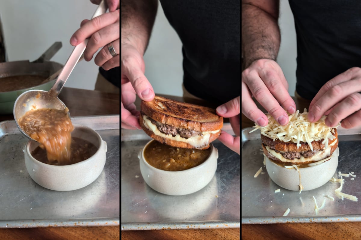 put the patty melt on the French onion soup and bake it.