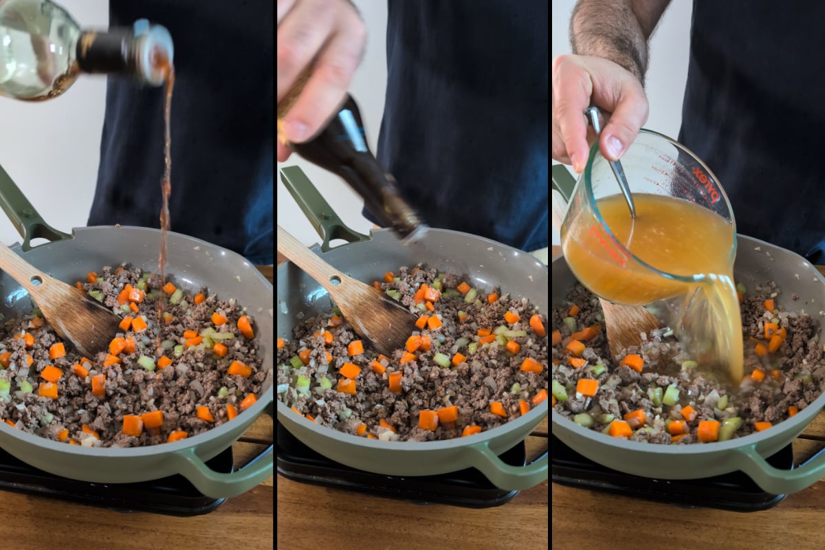 add the broth to the shepherd's pie soup