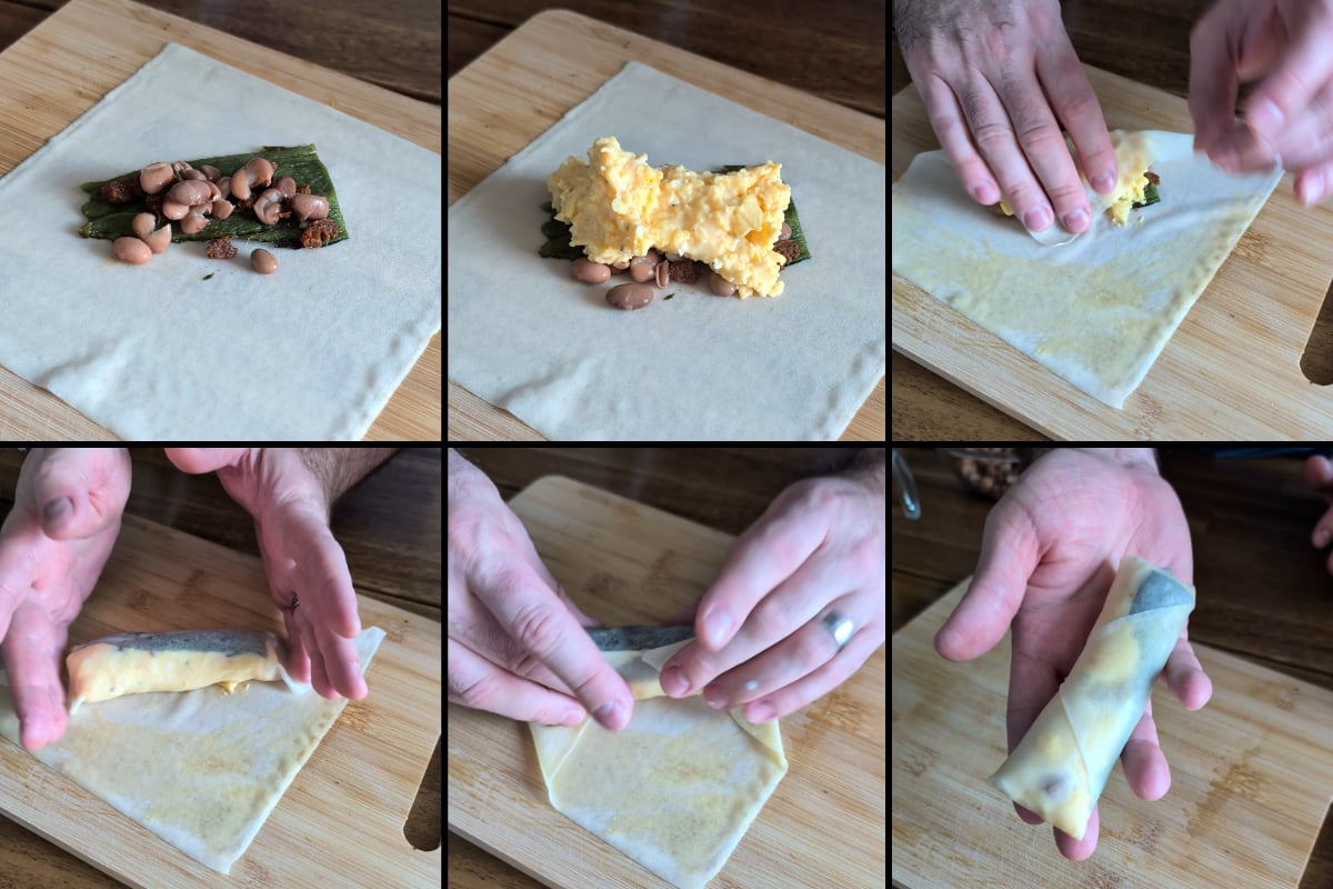 rolling the breakfast burrito spring roll