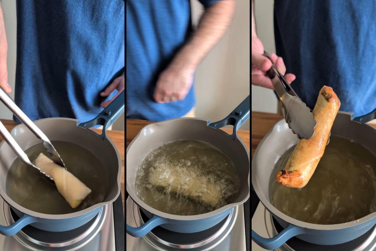 frying the breakfast burrito spring roll
