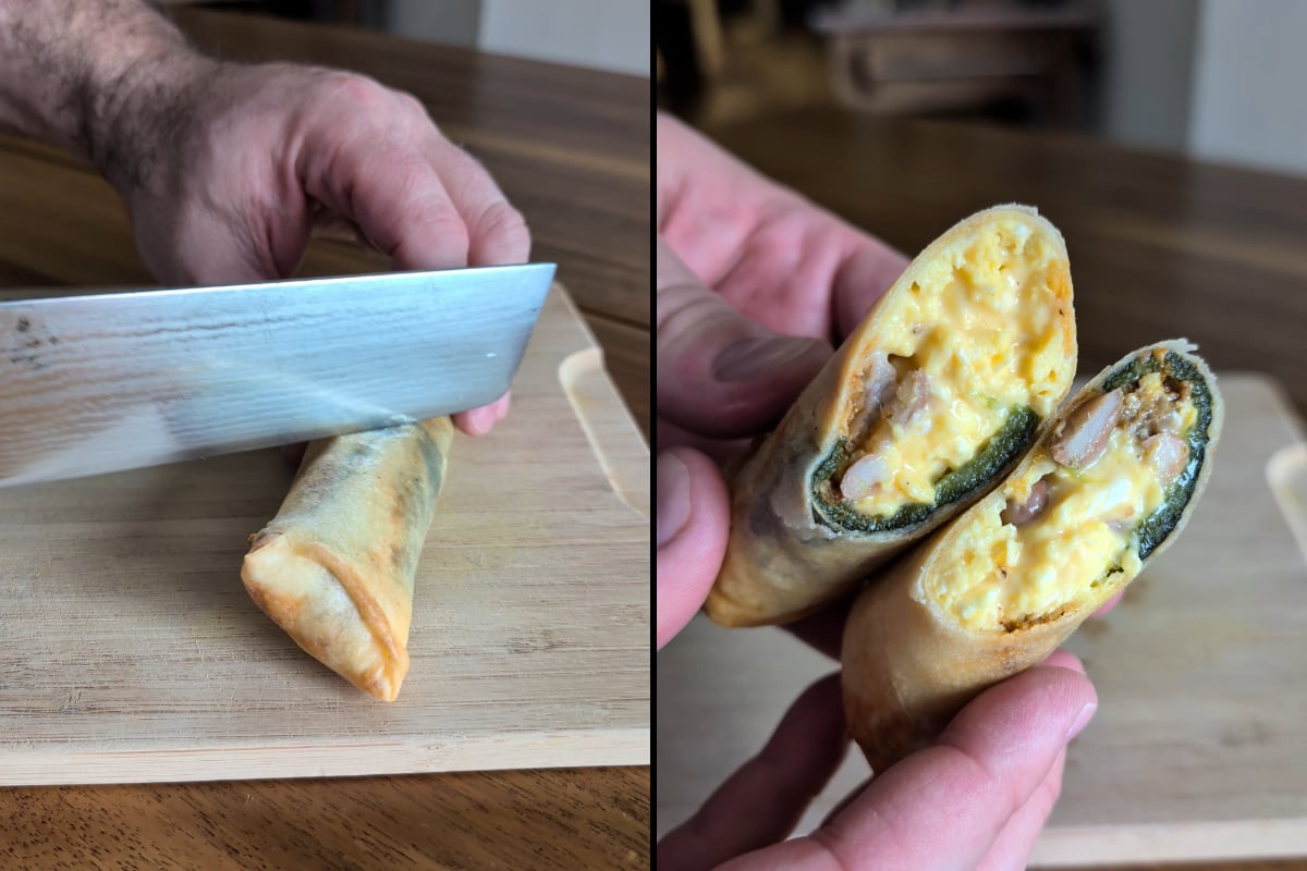 slicing the breakfast burrito spring roll