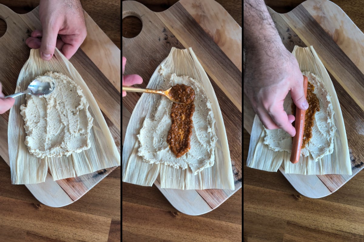 forming the hot dog tamale