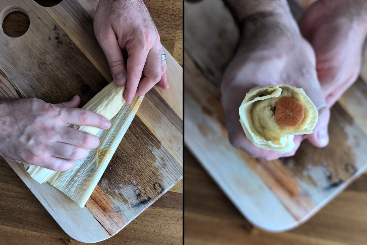 rolling the hot dog tamale