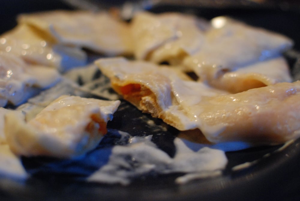 Buffalo Chicken Ravioli with Blue Cheese Sauce