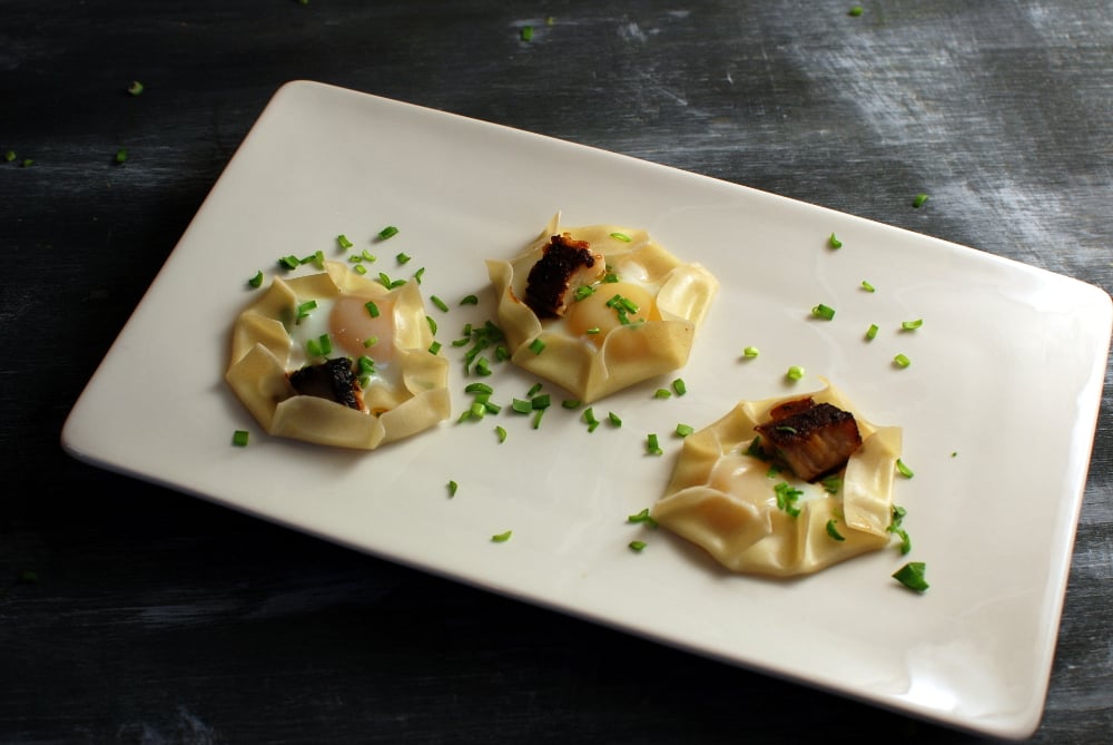 Quail Egg and Pork Belly Wontons