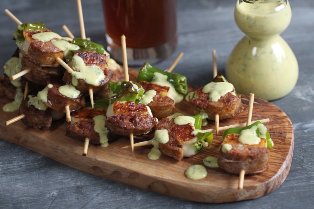Sausage Cheese Shishito Skewers with Creamy Basil Honey Mustard
