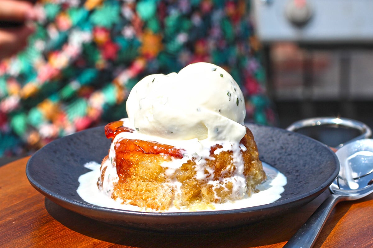 Upside Down Peach Cake with Basil Ice Cream