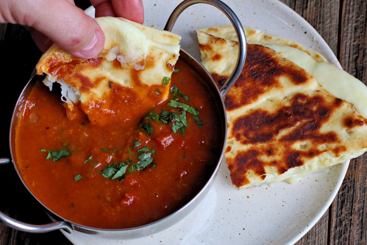 Butter Chicken Soup with Naan Grilled Cheese