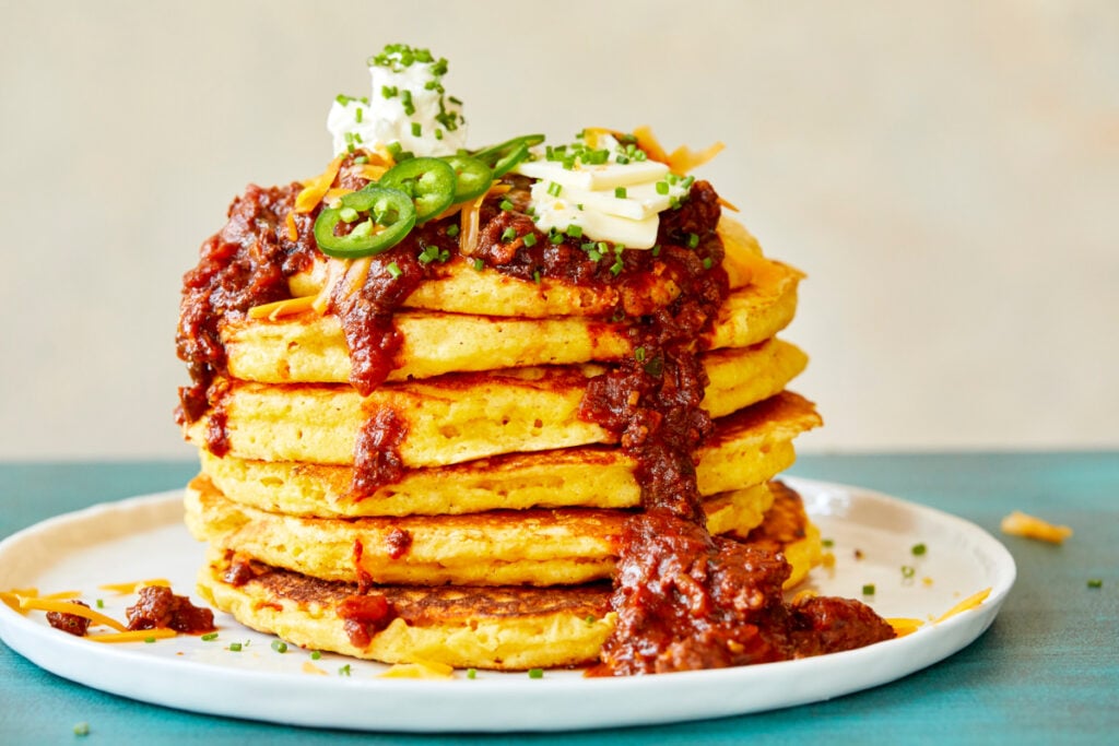 Cornmeal Pancakes with Bacon and Sausage Chili