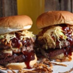Brisket And BBQ Sauce Burger with Onion Straws and Slaw