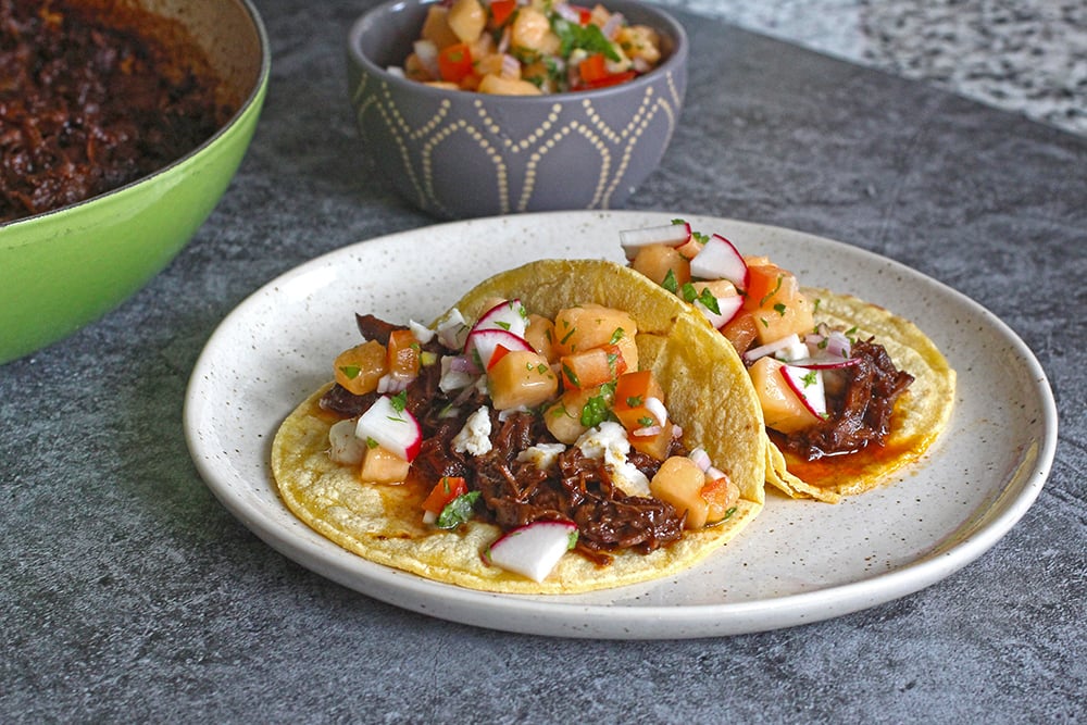 Coffee Berbere Braised Beef Tacos with Cantaloupe Salsa