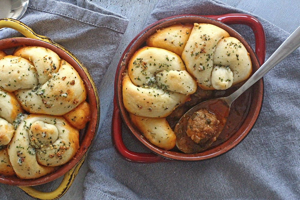 Meatball Parm Soup with Garlic Knot Topper