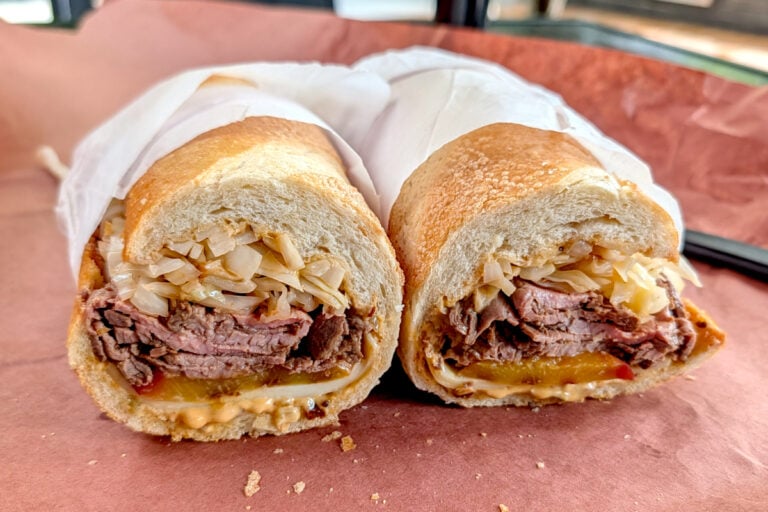Steak, Cabbage, and Grilled Peach Sandwich