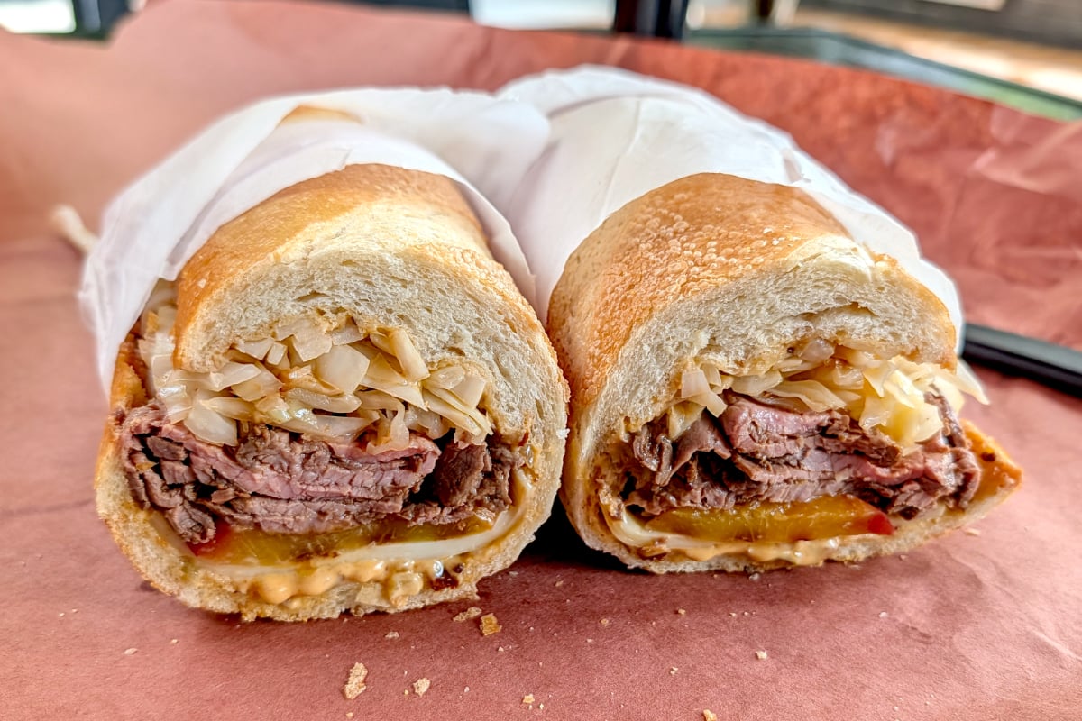 Steak, Cabbage, and Grilled Peach Sandwich